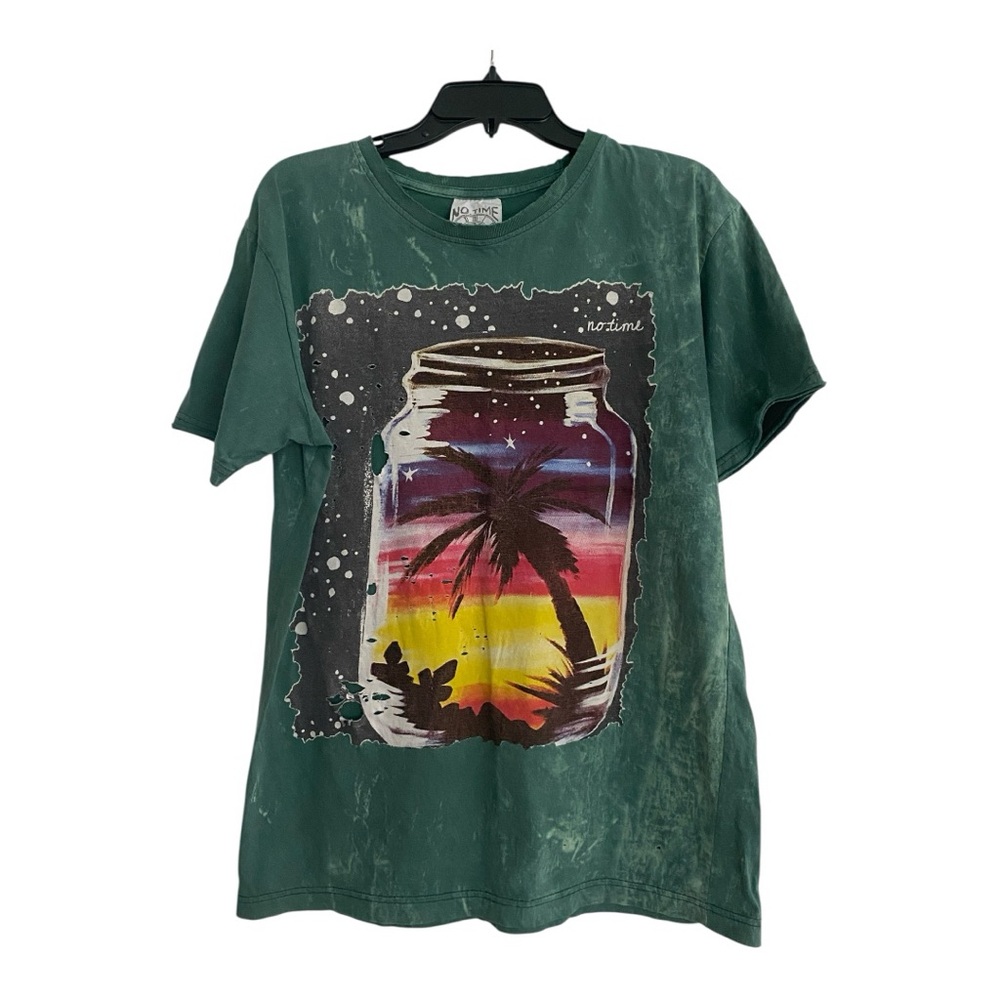 No Time Distressed Green Relaxed Graphic Short Sleeve Tee Size Large 💯 Cotton